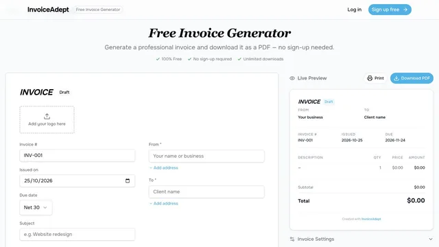 InvoiceAdept public invoice editor with a blank invoice and live preview