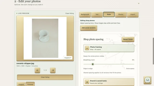 SwiftBatch Style controls beside a ceramic-dripper sample photo