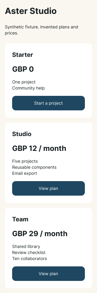 Fictional Aster Studio cards stacked in the native 320 px Figma export