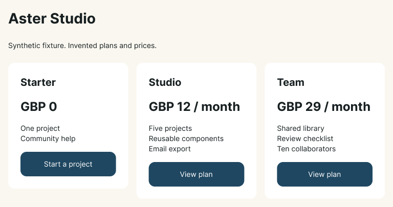 Fictional Aster Studio cards in the native 768 px Figma export