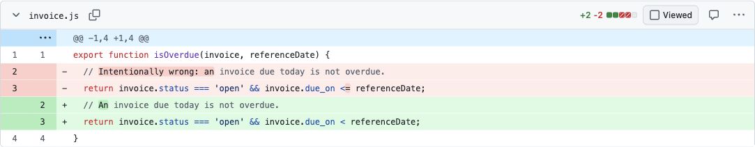 Observed GitHub draft diff: the synthetic overdue comparison changes from less-than-or-equal to less-than.