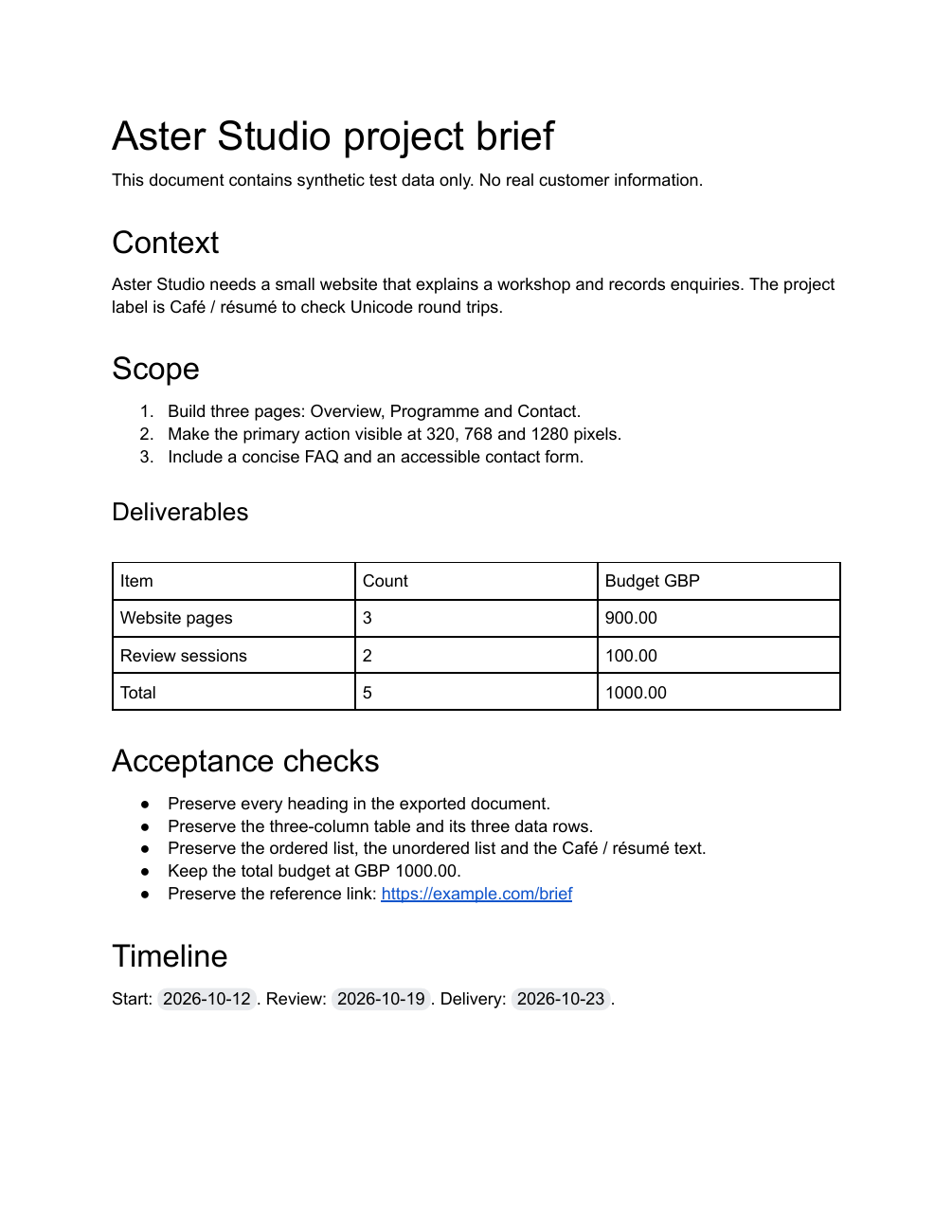 One-page synthetic project brief rendered from Google Docs native PDF export