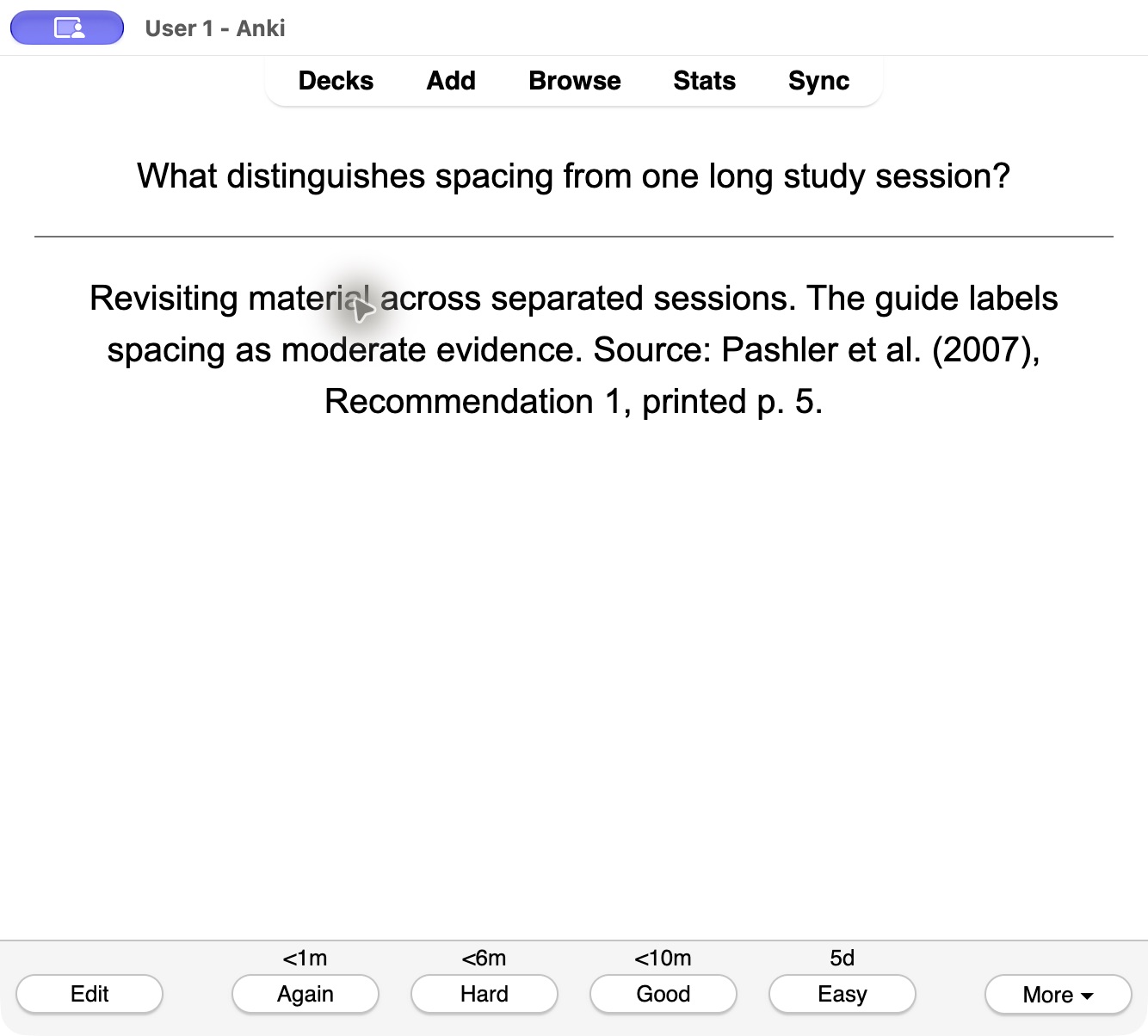 Native Anki window showing the example question and its source-linked answer