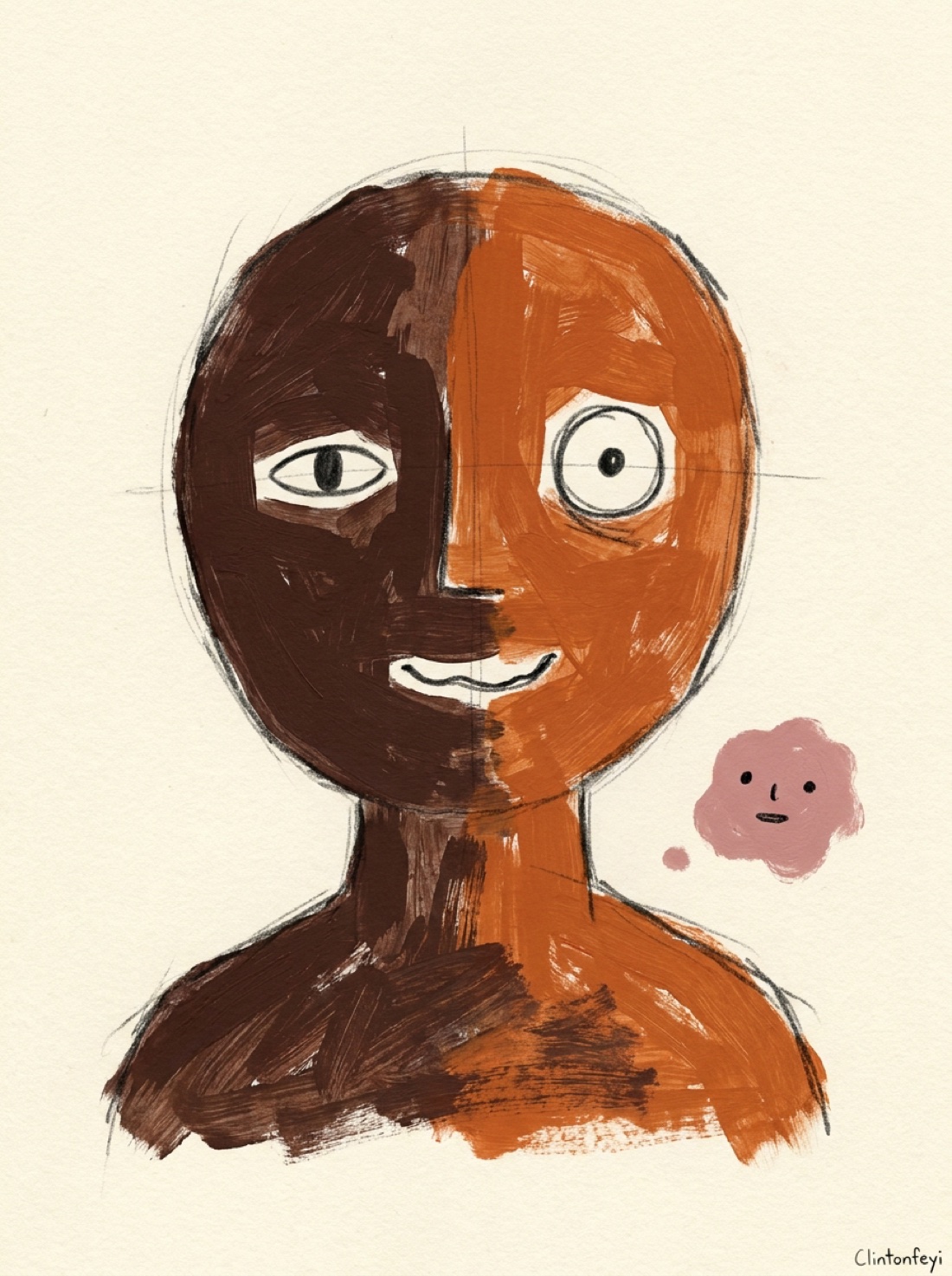 Happy, Somehow · painting of a split brown and orange face with mismatched eyes and a small pink companion