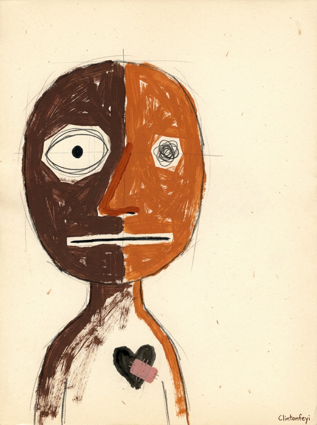 I'm Fine, Obviously · painting of a deadpan face with mismatched eyes and a small black heart with a pink repair mark