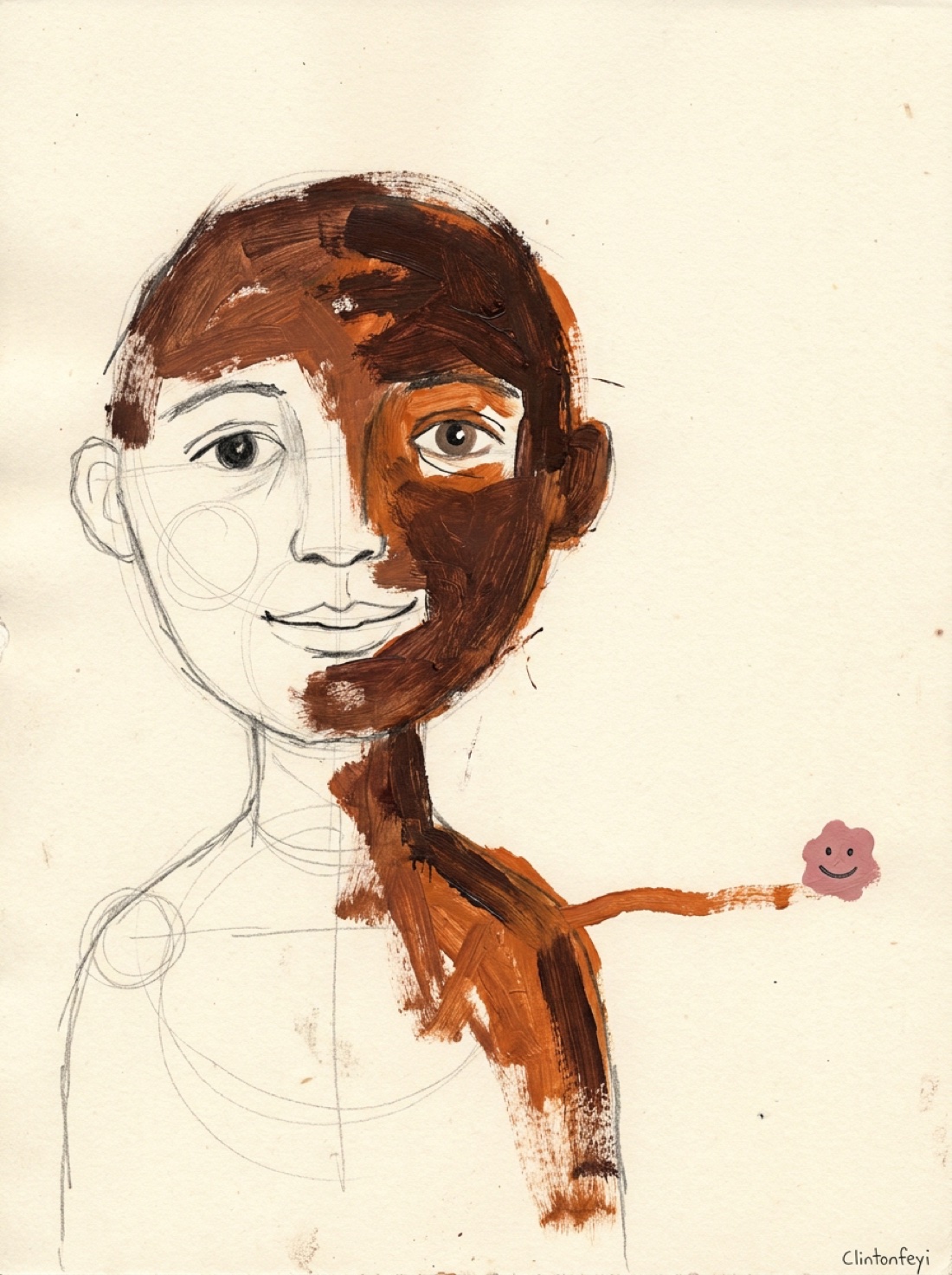 Still Becoming · painting of a half-finished figure with an orange path leading to a small pink companion