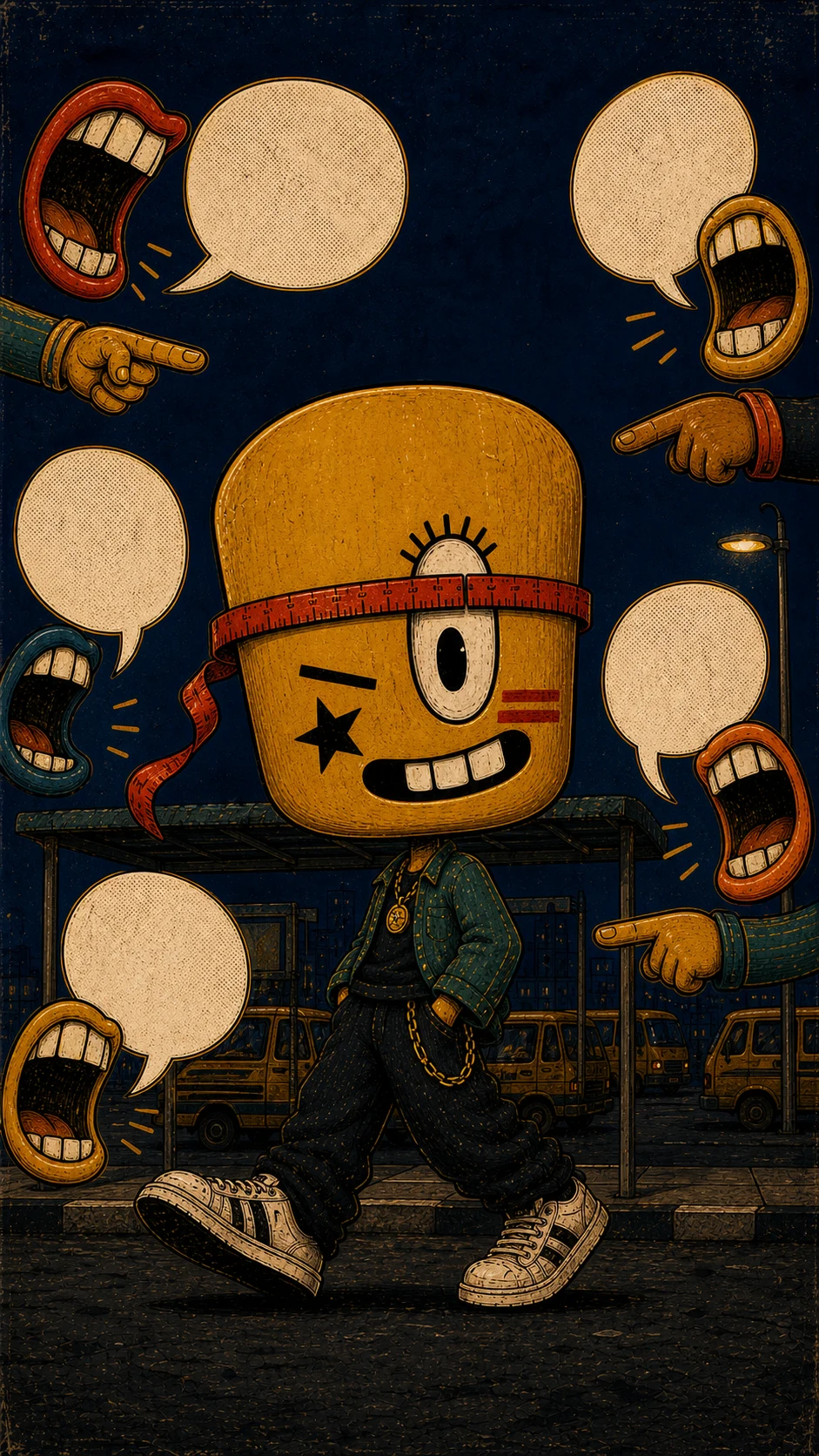 TILT walking through Lagos while cartoon mouths, pointing hands and empty speech bubbles crowd his oversized head