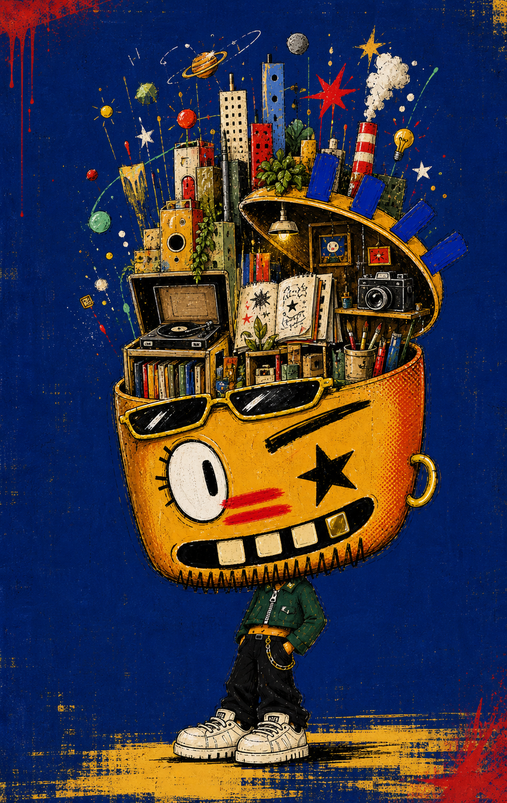 TILT opening his head to reveal a colourful creative studio